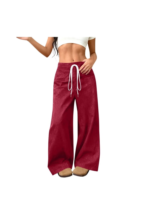 Women Drawstring Elastic Waist Denim Look Wide Leg Pants Loose Casual Streetwear Vacation Trousers Front Patch Pockets Hot Pink M