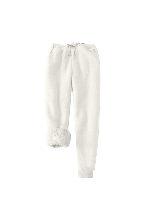 Women Drawstring Elastic Waist Fleece Lined Cuffed Jogger Sweatpants Warm Thick Thermal Winter Cold Weather Lounge Trousers Side Pockets White XXXL
