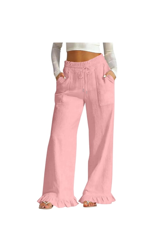 Women Drawstring High Waist Ruffle Hem Wide Leg Cargo Pants Loose Linen Blend Casual Palazzo Pants Big Side Patch Pockets Flared Ruffle Bottom Beach Vacation Trousers Pink XXL