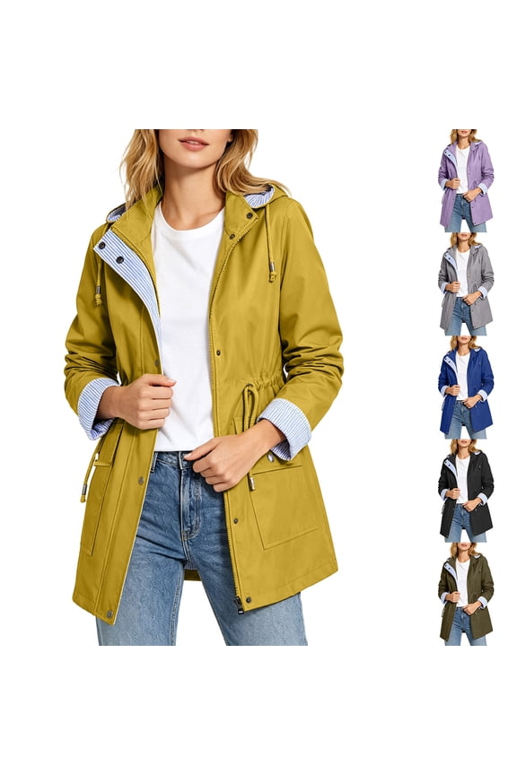 Women Drawstring Waist Hooded Water Resistant Utility Jacket Plaid Lined Mid Length Casual Wind Coat Army Green S