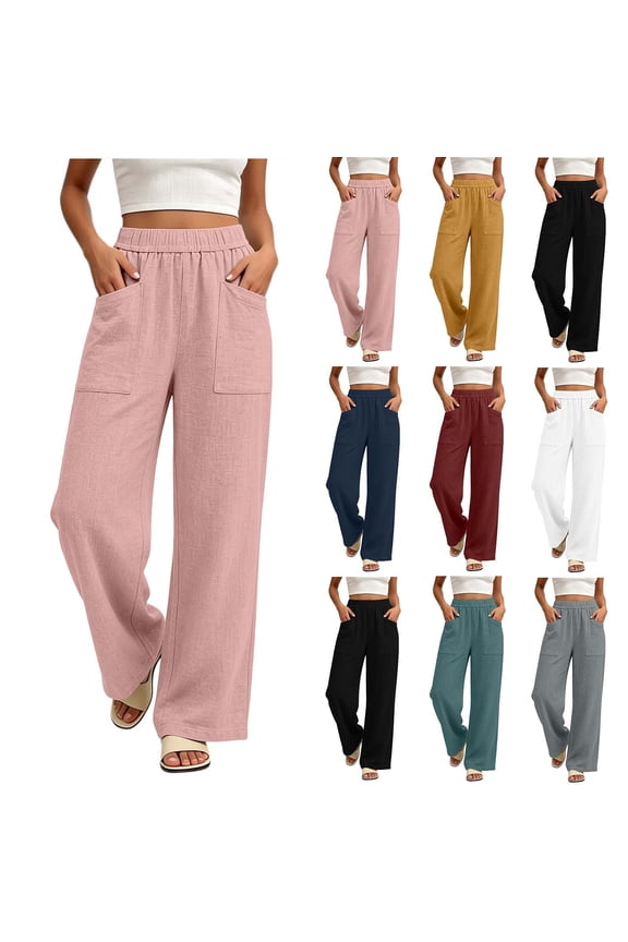 Women Elastic Drawstring Wide Leg Pants Double Patch Pocket Textured Loose Casual Daily Linen Look Trousers Pink S