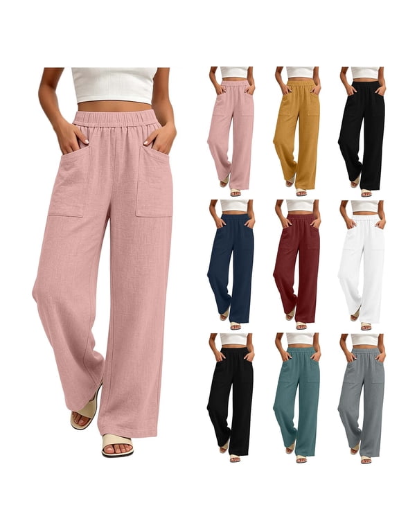 Women Elastic Drawstring Wide Leg Pants Double Patch Pocket Textured Loose Casual Daily Linen Look Trousers Pink S