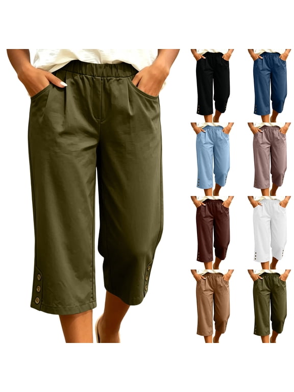 Women Elastic Waist Capri Straight Pants Button Split Hem Loose Lightweight Casual Walking Trousers with Pockets White M
