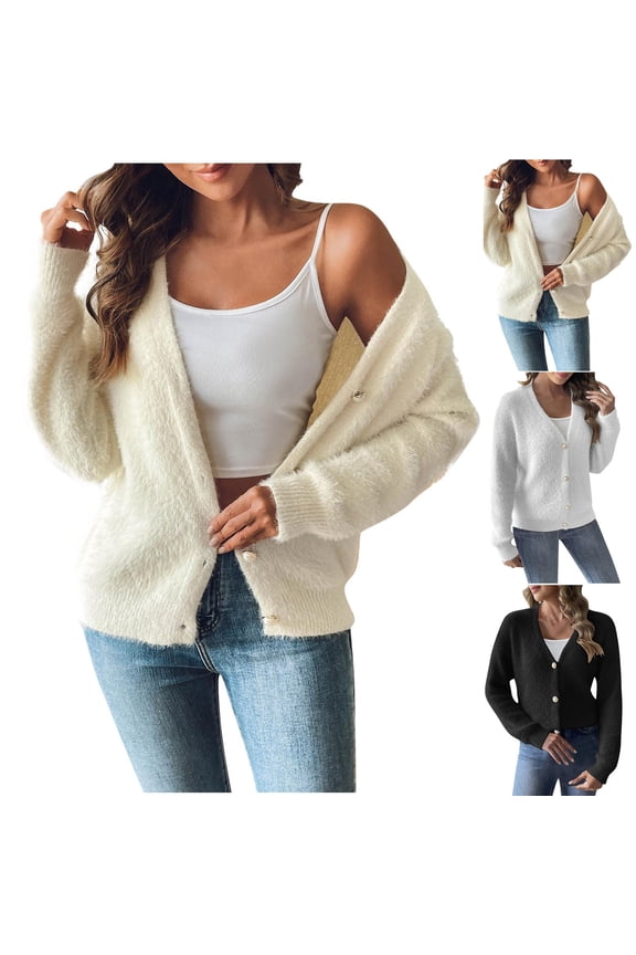 Women Fluffy Fuzzy Faux Mink V Neck Button Knit Cardigan Long Sleeve Soft Casual Short Sweater Coat White S