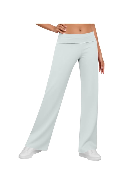 Women Fold Over Wide Waistband Solid Micro Flare Yoga Pants 4 Way Stretch Loose Full Length Casual Workout Lounge Trousers Gray M