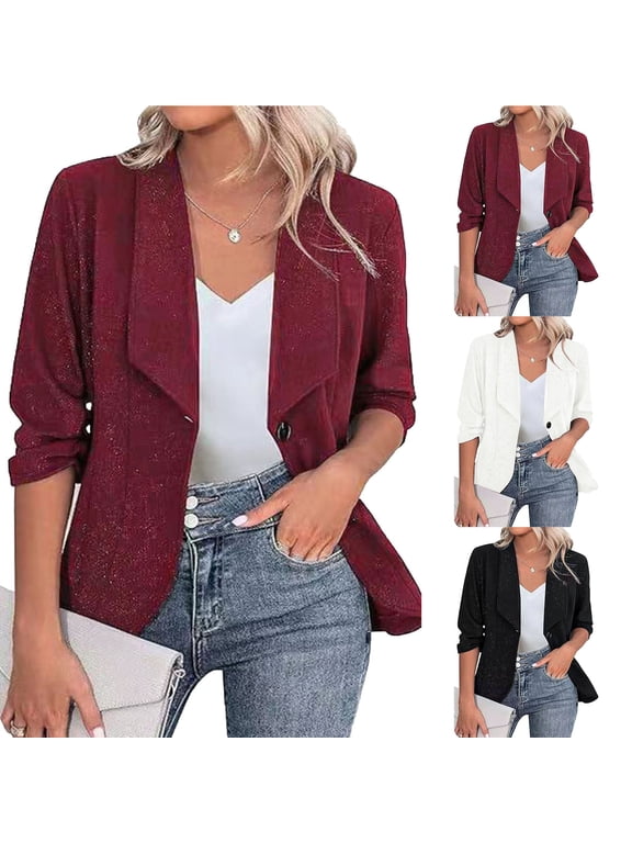 Women Glitter Lapel Single Button Draped Blazer Jacket Long Sleeve Casual Party Suit Outer Coat Black L