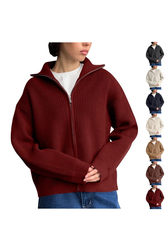 Women High Collar Full Zip Vertical Ribbed Oversized Knit Jacket Long Sleeve Warm Casual Sweater Coat Beige M