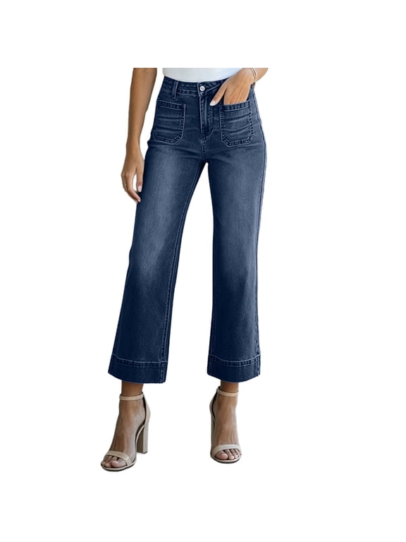 Women High Waist Front Patch Pocket Cropped Flare Jeans Slim Ankle Length Stretch Denim Capri Pants Casual Daily Walking Fashion Denim Trousers Dark Blue M