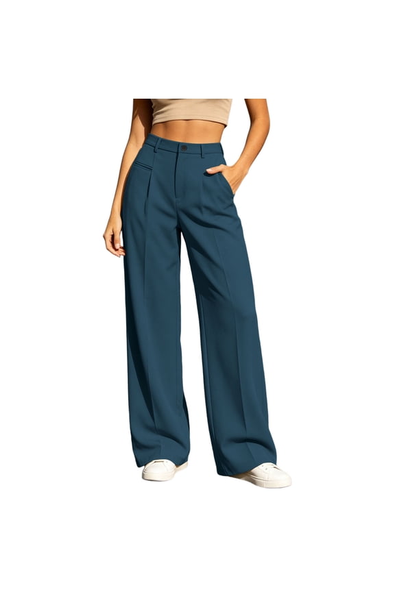 Women High Waist Single Button Pleated Wide Leg Suit Pants Drape Loose Full Length Business Casual Office Trousers Side Pockets Navy S