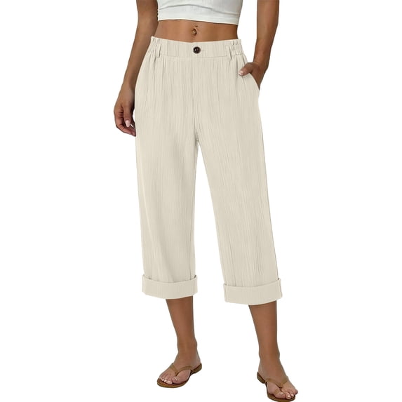 XPMWRP Women High Waisted Button Fly Cuffed Capri Pants Casual Loose Fit Summer Trousers with Pockets Beige L