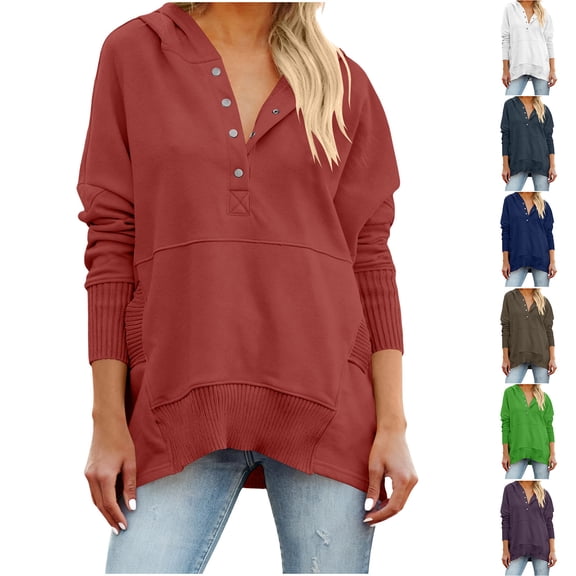 XPMWRP Women Hooded Oversized Sweatshirt Winter V-neck Batwing Sleeve Threaded Splicing Top Casual Loose Pullovers Wine S