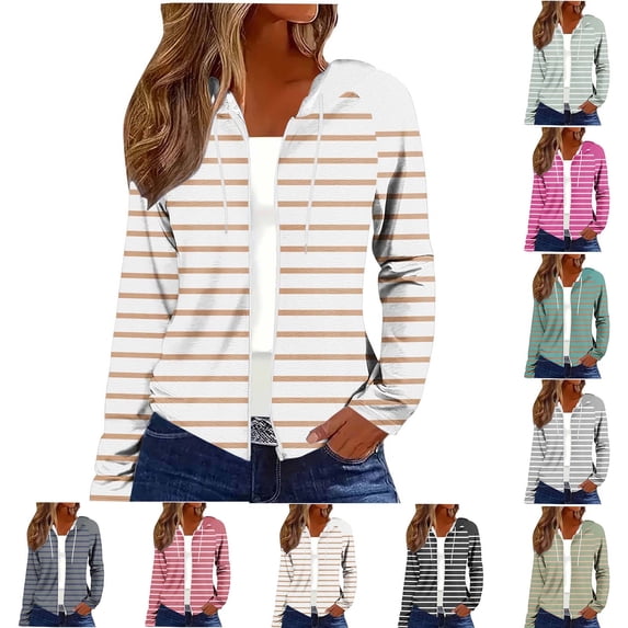 XPMWRP Women Horizontal Striped Full Zip Hoodie Jacket Lightweight Brushed Knit Drawstring Long Sleeve Casual Sweatshirt Coat Army Green M