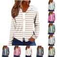 thumbnail image 1 of XPMWRP Women Horizontal Striped Full Zip Hoodie Jacket Lightweight Brushed Knit Drawstring Long Sleeve Casual Sweatshirt Coat Khaki XXL, 1 of 7
