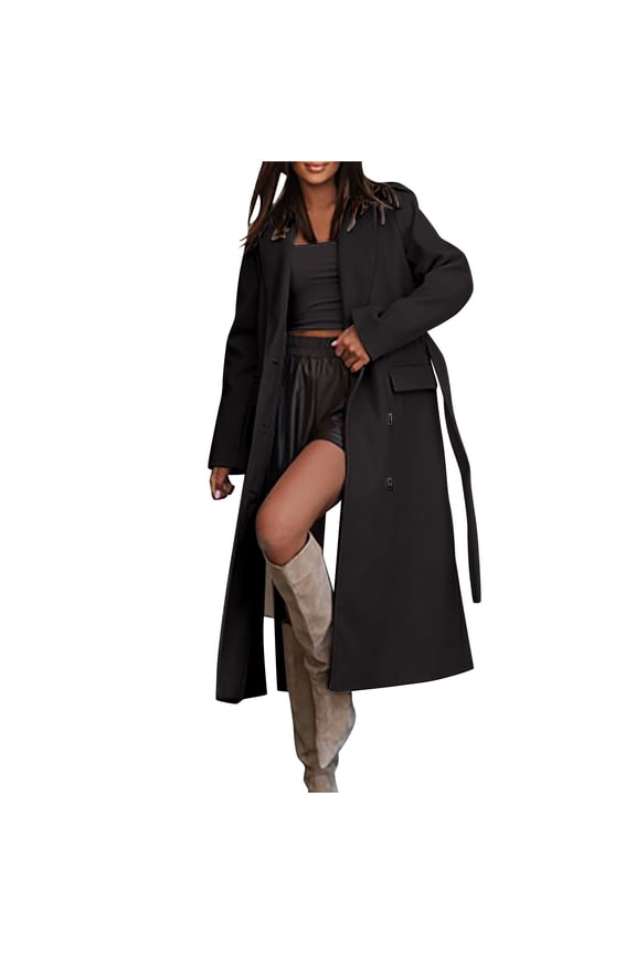 Women Long Sleeve Casual Coat Slim Fit Belted Jacket Stylish Overcoat Comfortable Lightweight Windbreaker for Daily Casual Wear Black L
