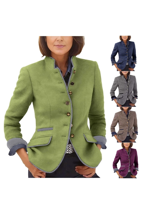Women Mandarin Stand Collar Trimmed Metal Button Wool Blend Fitted Blazer Jacket Vintage Casual Suit Coat Gray XXXL