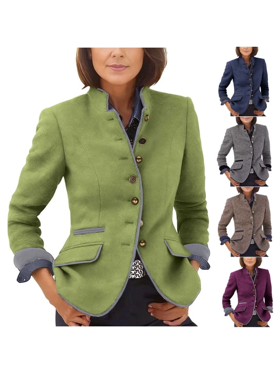 Women Mandarin Stand Collar Trimmed Metal Button Wool Blend Fitted Blazer Jacket Vintage Casual Suit Coat Green S
