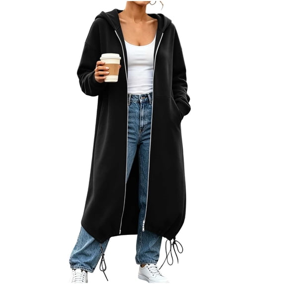 XPMWRP Women Maxi Length Drawstring Hem Hooded Zip Up Sweatshirt Coat Loose Pocket Long Casual Outer Cardigan Black S