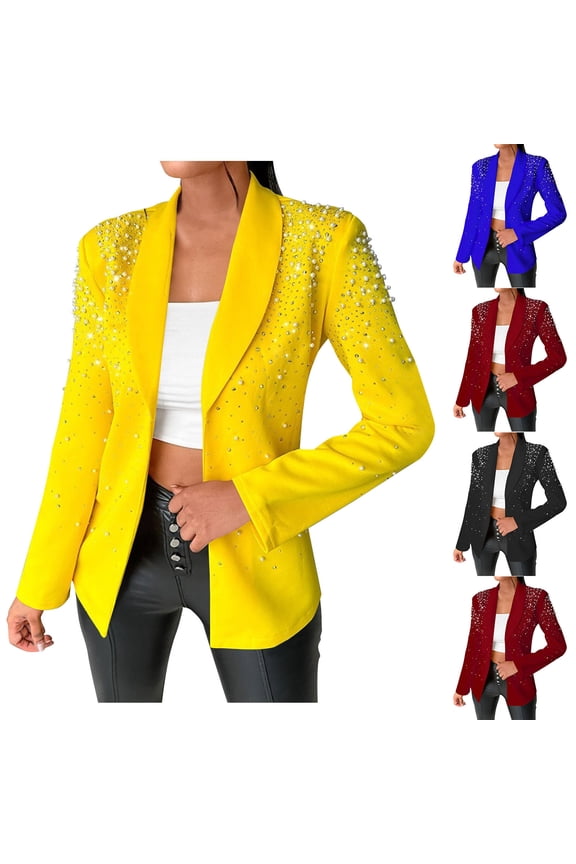 Women Pearl Blazer Dresses Fashion Casual Bubble Bead Slim Suit Jacket Solid Color Long Sleeved Workwear Coats Blue L