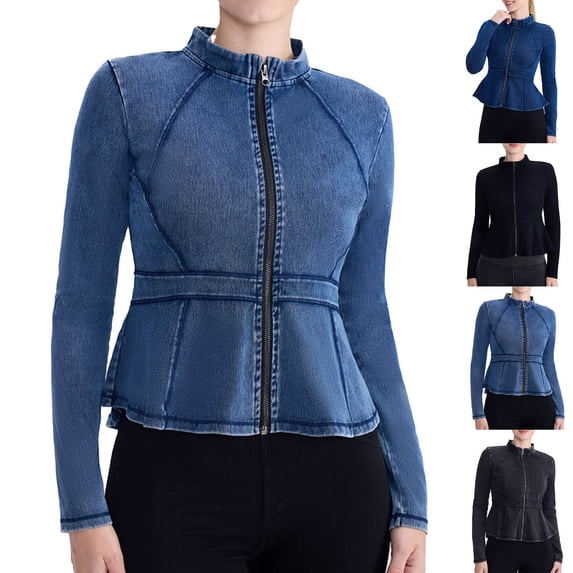 XPMWRP Women Peplum Waist Stretch Denim Jacket Stand Collar Full Zip Slim Fit Figure Flattering Jean Outerwear Coat Blue XL