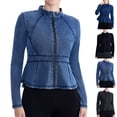 thumbnail image 1 of XPMWRP Women Peplum Waist Stretch Denim Jacket Stand Collar Full Zip Slim Fit Figure Flattering Jean Outerwear Coat Sky Blue XL, 1 of 4