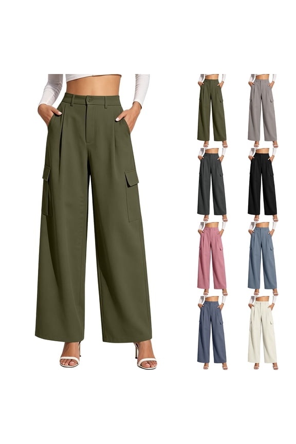 Women Pleated High Waist Side Cargo Patch Pocket Wide Leg Dress Pants Soft Wrinkle Resistant Office Casual Trousers Black XXL