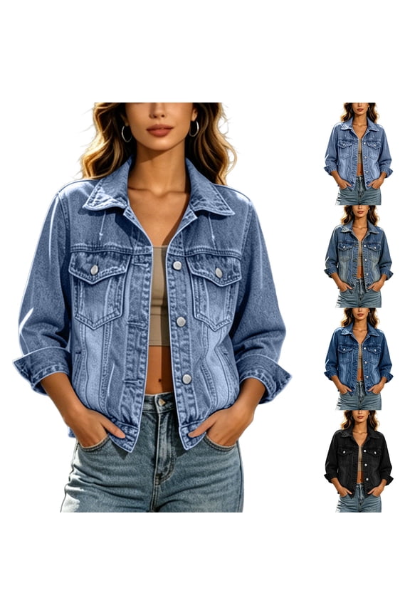Women Point Collar Button Up Regular Fit Washed Denim Jacket Long Sleeve Vintage Jean Outer Coat Blue XL