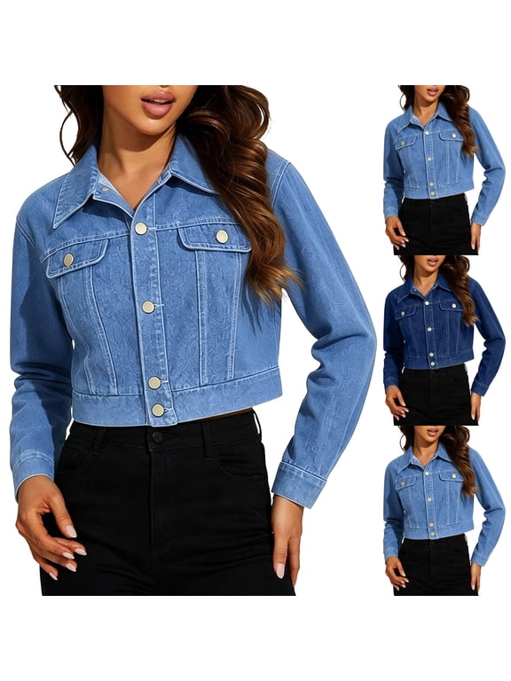 Women Point Collar Cropped Denim Jacket Button Up Long Sleeve Washed Slim Casual Jean Outer Coat Dark Blue S