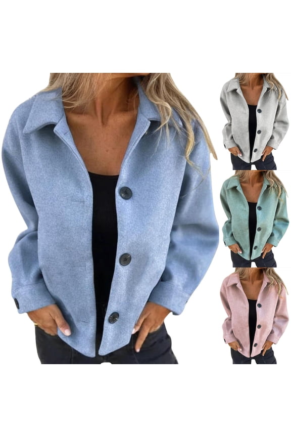 Women Point Collar Oversized Wool Blend Snap Button Shirt Jacket Cropped Casual Shacket Outer Coat Gray S