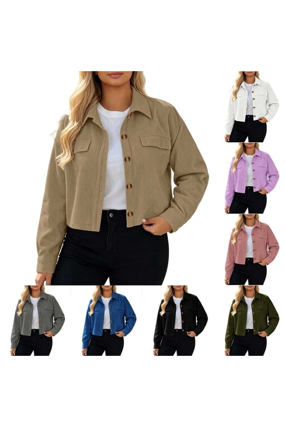 Women Point Collar Textured Corduroy Snap Button Cropped Utility Jacket Long Sleeve Casual Shacket Coat Blue S