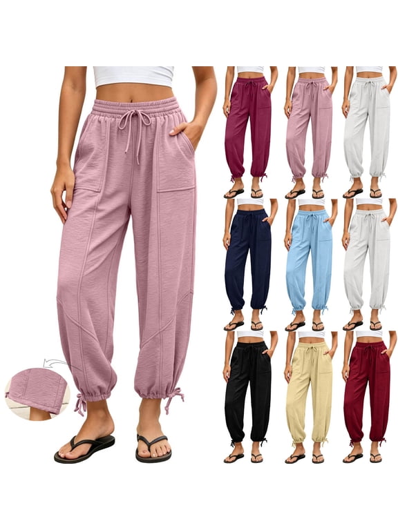 Women Seam Patch Pocket Drawstring Tapered Jogger Pants Crinkle Textured Loose Casual Beach Loungewear Trousers Hot Pink L