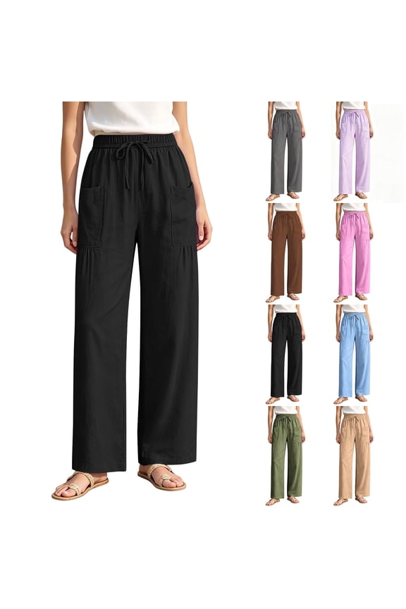 Women Shirred Drawstring Elastic High Waist Patch Pocket Wide Leg Floor Length Pants Loose Casual Vacation Trousers Pink S