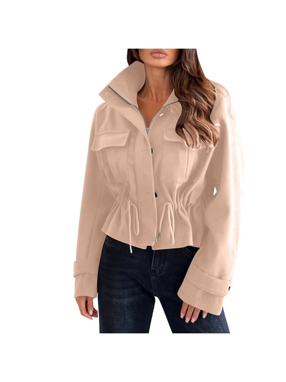 Women Stand Collar Drawstring Waist Cropped Cargo Jacket Long Sleeve Pocket Zip Up Casual Workwear Coat Beige XL