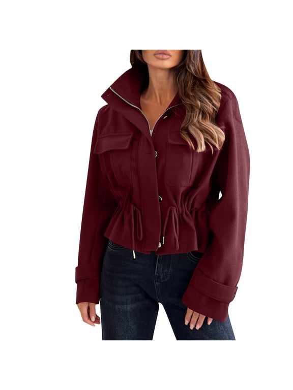 Women Stand Collar Drawstring Waist Cropped Cargo Jacket Long Sleeve Pocket Zip Up Casual Workwear Coat Wine XL