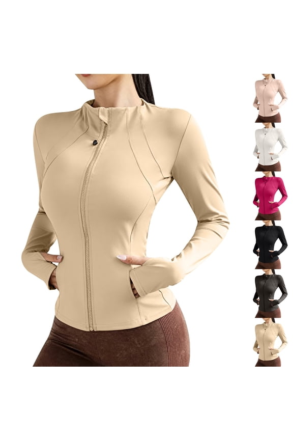 Women Stand Collar Zip Pocket Slim Fit Quick Dry Athletic Jacket Long Sleeve Thumb Hole Workout Sun Protection Coat Khaki M