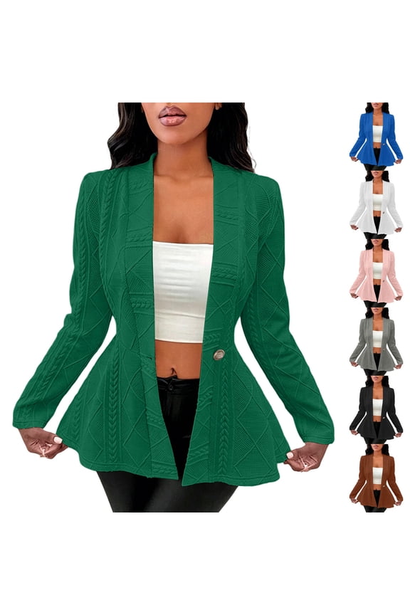 Women Textured Knit Peplum Blazer Jacket Single Button V Neck Long Sleeve Figure Flattering Casual Suit Coat White S