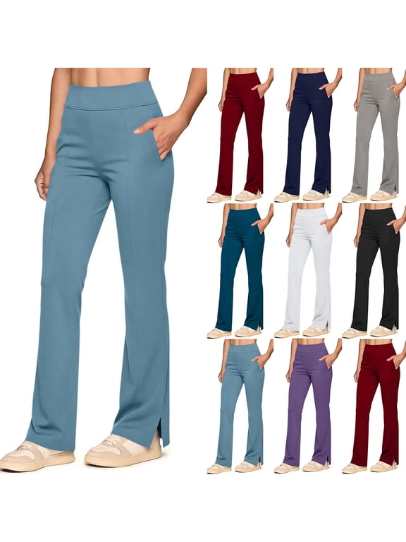 Women Ultra High Wide Waistband Split Hem Stretch Bootcut Dress Pants Soft Wrinkle Resistant Office Casual Trousers with Pockets White L