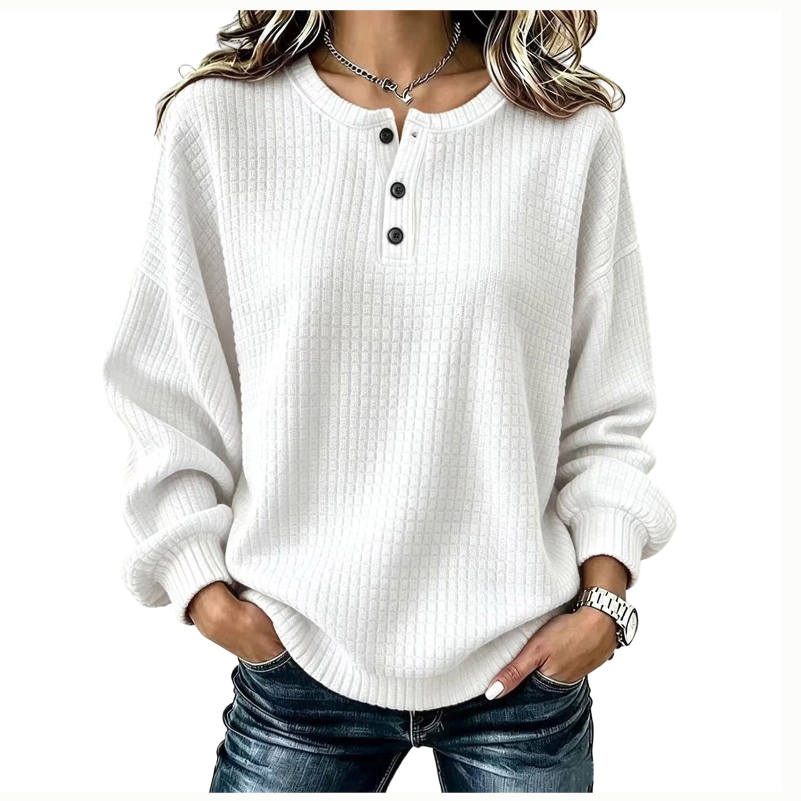 XPMWRP Women Waffle Knit Henley Sweater Long Sleeve Partial Button ...