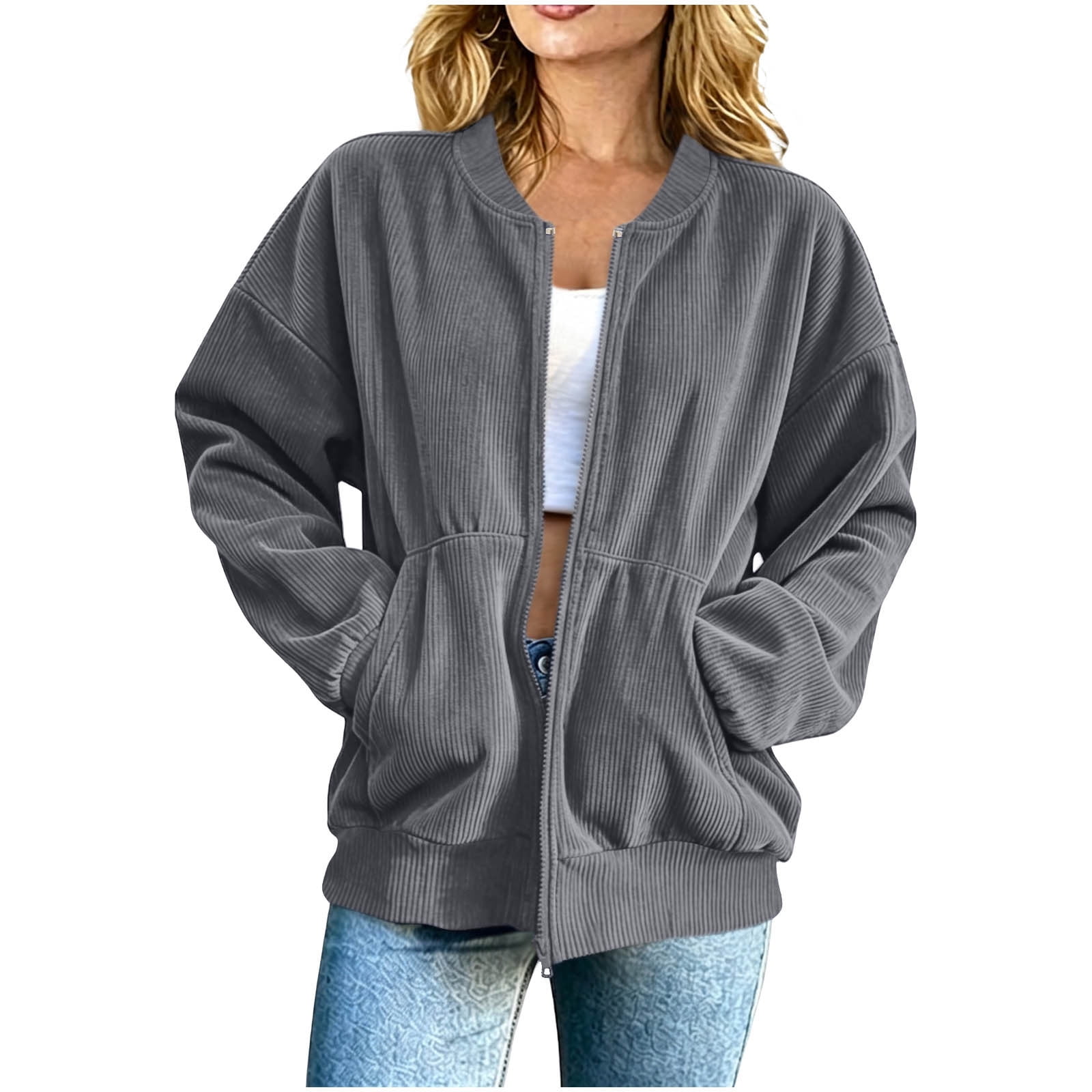 XPMWRP Women Waffle Knit Stand Collar Zip Up Jacket Elastic Cuff