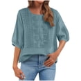 thumbnail image 1 of XPMWRP Women's 3/4 Length Sleeve Top Dressy Casual Crew Neck Embroidered Summer Top Pleated T-Shirts Loose Fit Work Blouses Blue XXXL, 1 of 6