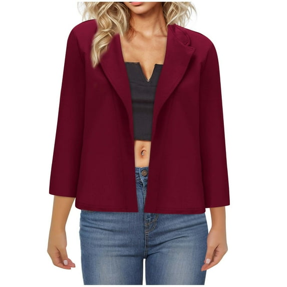 XPMWRP Women's 3/4 Sleeve Blazer Open Front Solid Color Jacket Business Casual Lightweight Suit Fall Winter Clothes Red XXL