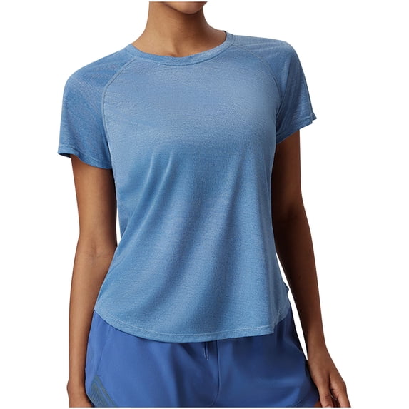 XPMWRP Women's Athletic Short Sleeve T-Shirt Quick Dry Raglan Sleeve Curved Hem Solid Color Workout Tee Light Blue L