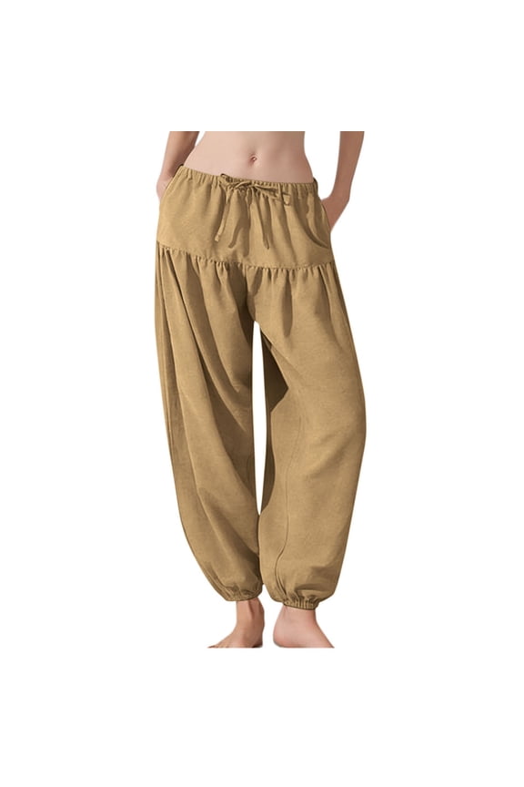 Women's Baggy Harem Pants High Waist Stretchy Lounge Joggers Soft Lightweight Boho Hippie Wide Leg Trouser with Pockets Yellow S