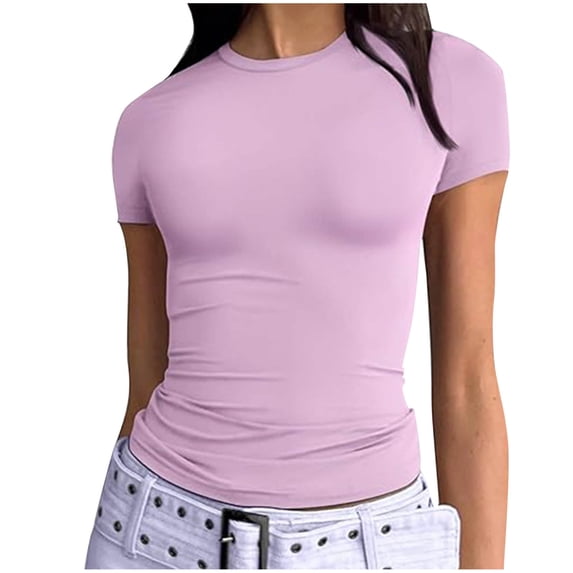 XPMWRP Women's Basic T Shirts Short Sleeve Round Neck Tee Tops Slim Fit Gym Workout Athletic Summer Clothes Pink S