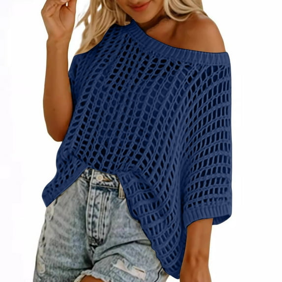 XPMWRP Women's Beach Cover Ups Crochet Hollow Out Sweater Oversized Off Shoulder Knitted 1/2 Sleeved Solid Color Sweater Blue XXL