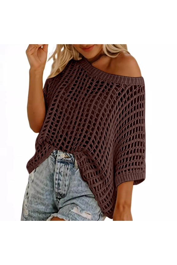 Women's Beach Cover Ups Crochet Hollow Out Sweater Oversized Off Shoulder Knitted 1/2 Sleeved Solid Color Sweater Brown XXL