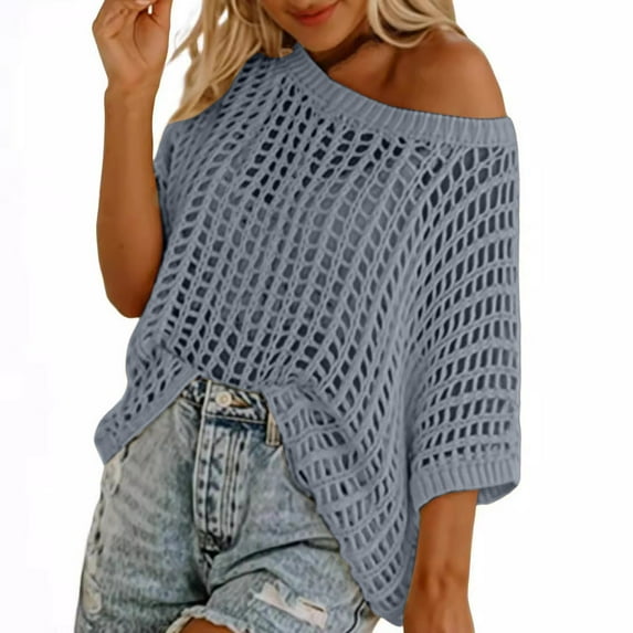 XPMWRP Women's Beach Cover Ups Crochet Hollow Out Sweater Oversized Off Shoulder Knitted 1/2 Sleeved Solid Color Sweater Gray S