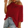 thumbnail image 1 of XPMWRP Women's Beach Cover Ups Crochet Hollow Out Sweater Oversized Off Shoulder Knitted 1/2 Sleeved Solid Color Sweater Red M, 1 of 6