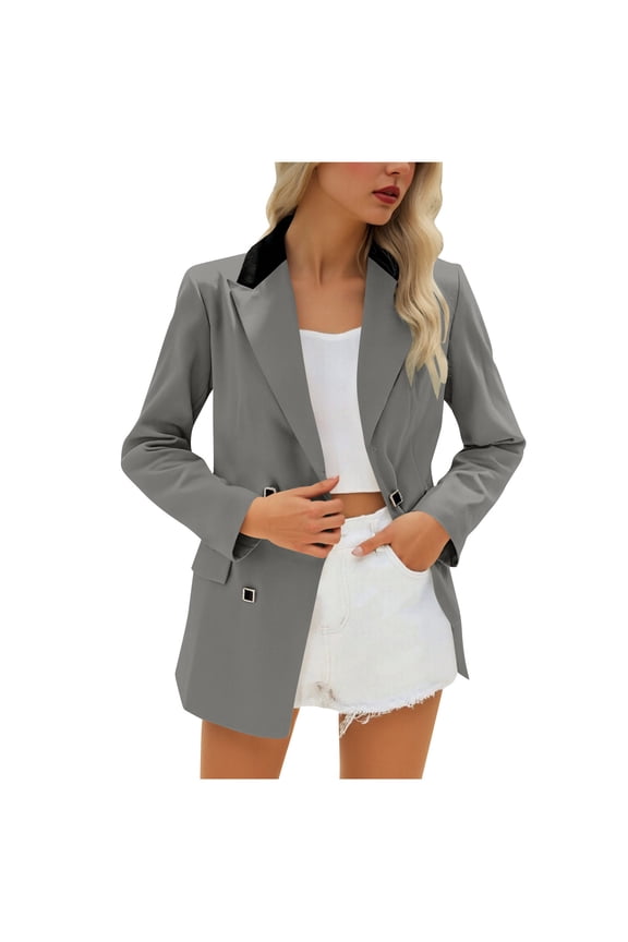 Women's Blazer Contrasting Long Sleeve Turndown Collar Solid Color Suit Jacket Fall Fashion Business Button Blazers with Double Pocket Gray XXL