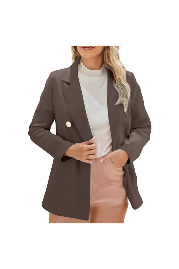Women's Blazer Solid Color Long Sleeve Lapel Solid Color Suit Jacket Fall Fashion Business Button Blazers with Pocket Brown M