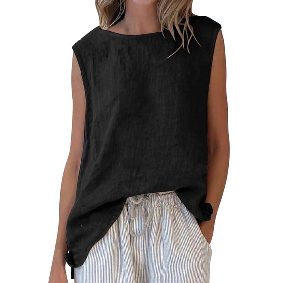 XPMWRP Women's Boat Neck Sleeveless Linen Tank Tops Casual Loose Fit Flowy Blouse for Summer Daily Wear Beach Vacation Black S